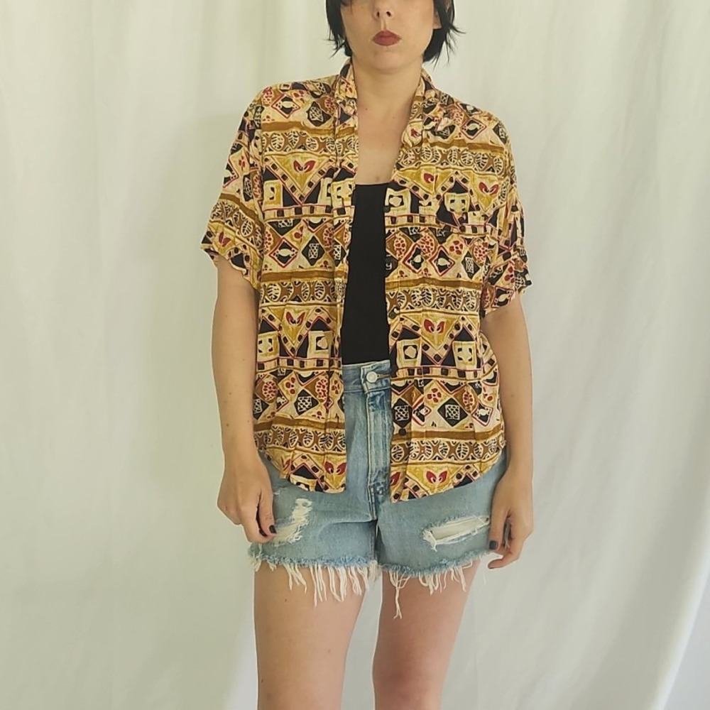 80s/90s Funky Yellow and Tan Rayon Shirt